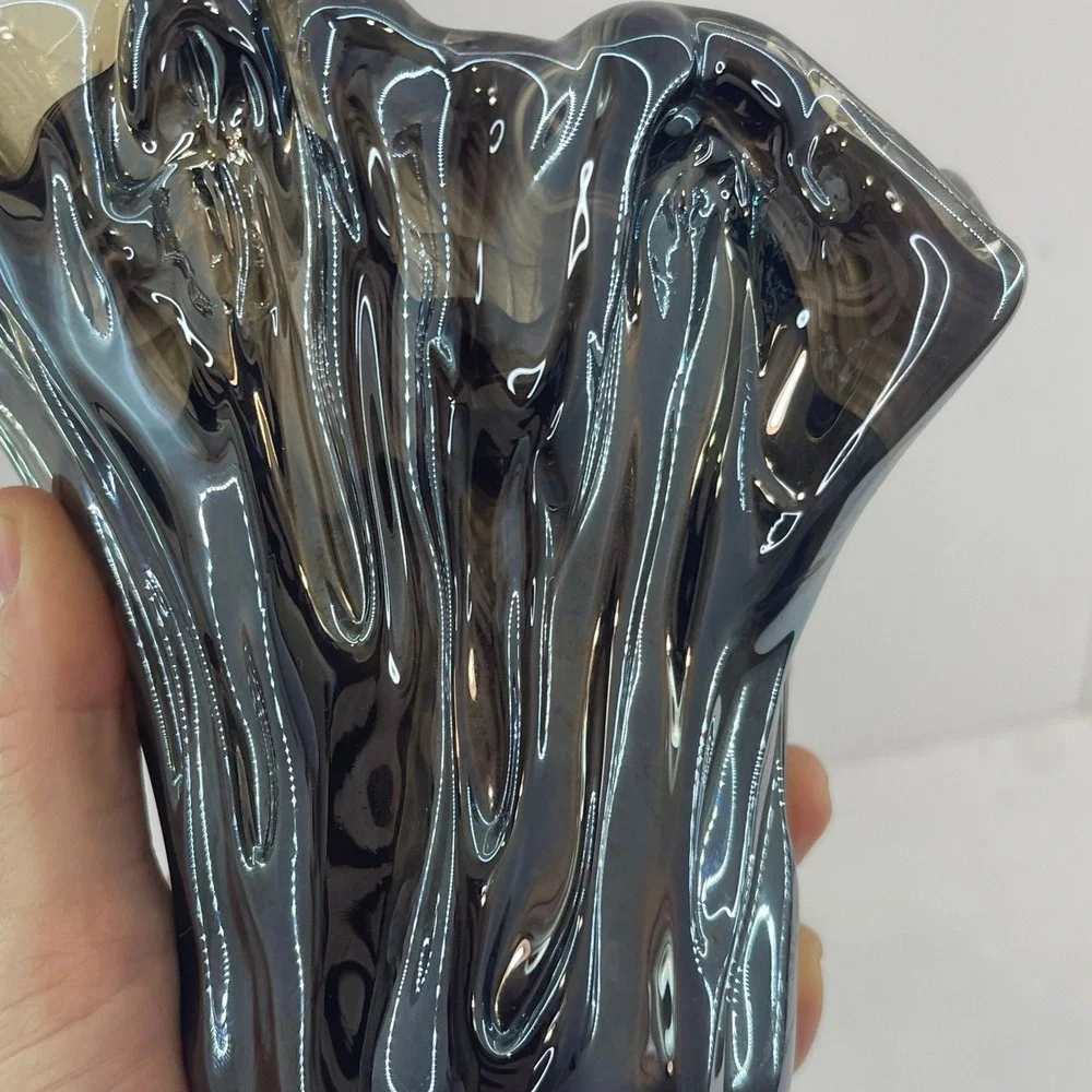 Vintage Murano Style Handkerchief Art Glass Vase Brown Swirl‎ Ruffle Hand Blown